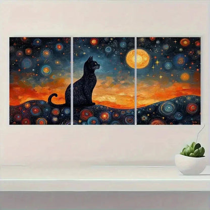 3pcs Black Cat with Celestial Patterns Metal Print Ready to Hang Art