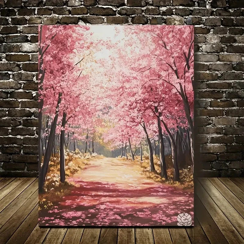 Vibrant Pink Blossoms & Lush Greenery Painting 40x60cm Metal Print Ready to Hang