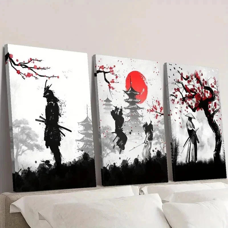 3pcs Japanese Cherry Blossom & Samurai Wall Art Set Canvas Framed 40x60cm - High Quality Print 100% Australian Made Wall Canvas Ready to Hang