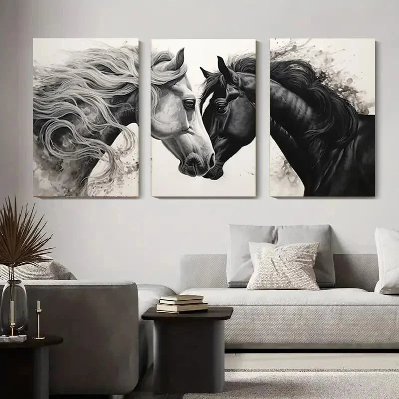 3pcs Black And White Horse Elegant Décor Perfect Wall Art Set Canvas Framed 40x60cm - High Quality Print 100% Australian Made Wall Canvas Ready to Hang