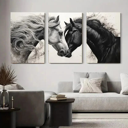 3pcs Black And White Horse Elegant Décor Perfect Wall Art Set Canvas Framed 40x60cm - High Quality Print 100% Australian Made Wall Canvas Ready to Hang