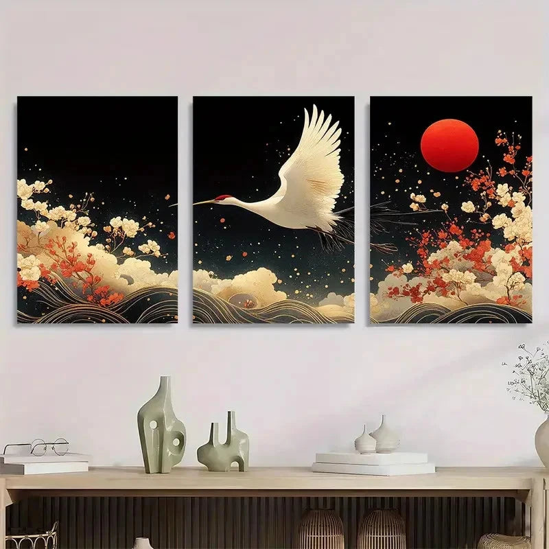 3pcs Japanese Crane Elegant Sakura Perfect Wall Art Set Canvas Framed 40x60cm - High Quality Print 100% Australian Made Wall Canvas Ready to Hang