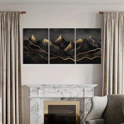 3pcs Mountains Night Sky Golden Lines Sparkles Wall Art Set Canvas Framed 40x60cm - High Quality Print 100% Australian Made Wall Canvas Ready to Hang
