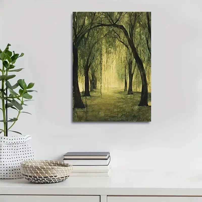 Serene Willow Forest Scene with Sunlit Painting 40x60cm Metal Print Ready to Hang