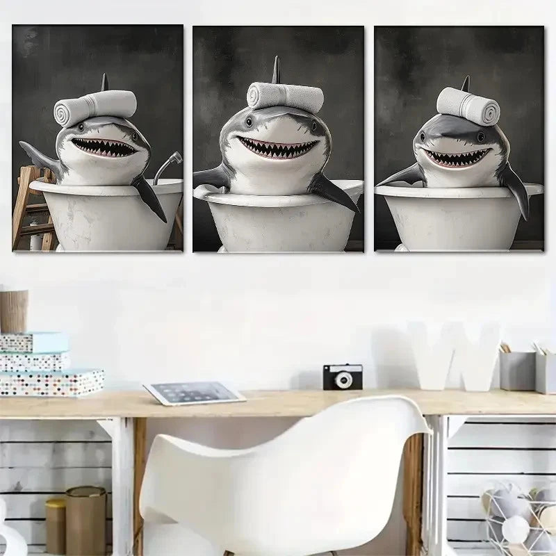 3pcs Shark Bath Three-Panel Painting Metal Print Ready to Hang Art
