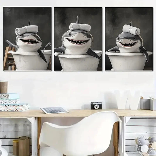 3pcs Shark Bath Three-Panel Painting Metal Print Ready to Hang Art