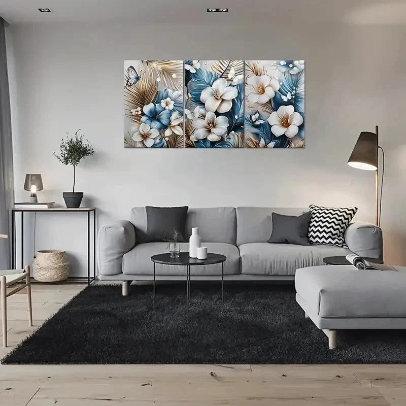 3pcs Blue White Flowers with Butterflies Metal Print Ready to Hang Art