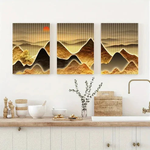 3pcs Golden Mountain Scenery with Sunset Wall Art Set Canvas Unframed - High Quality Print 100% Australian Made Wall Canvas