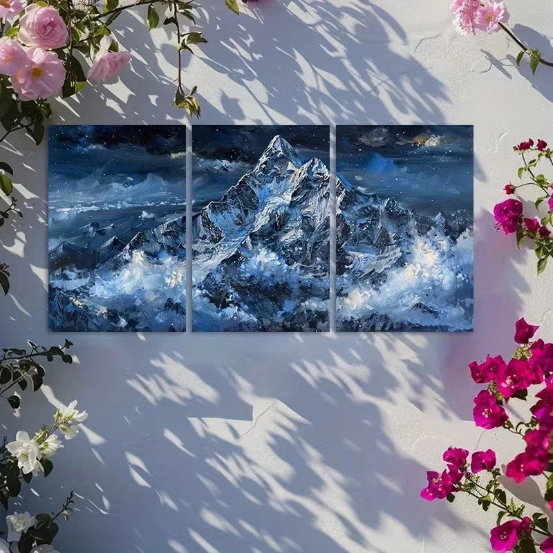3pcs Snow-Capped Mountains under a Starry Sky Metal Print Ready to Hang Art