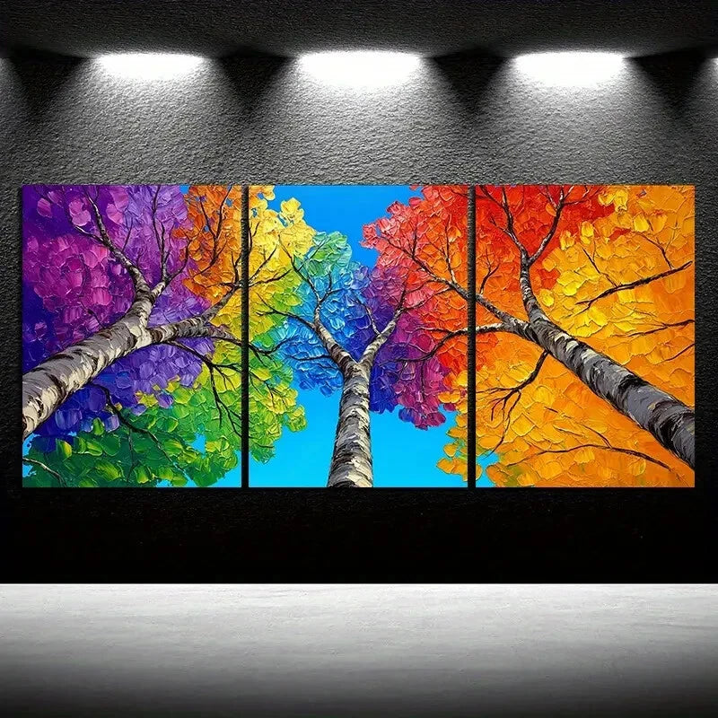 3pcs Colorful Trees Blue Sky Yellow Red Metal Print Ready to Hang Art