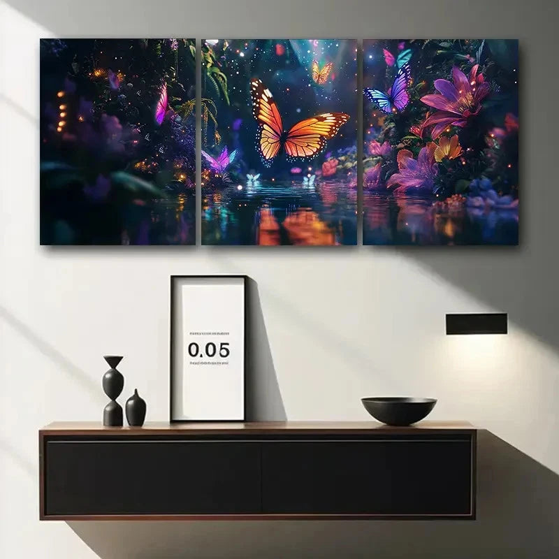 3pcs Vibrant Butterfly Accent Colourful Metal Print Ready to Hang Art