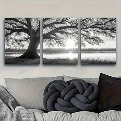 3pcs Sunrise Oak Tree Silhouette Wall Art Set Canvas Unframed - High Quality Print 100% Australian Made Wall Canvas