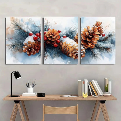 3pcs Snowy Pine Cones & Berries Metal Print Ready to Hang Art
