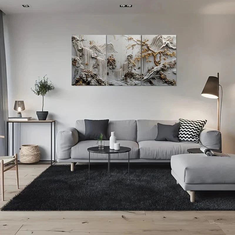 3pcs Abstract Golden Accent Nature Metal Print Ready to Hang Art