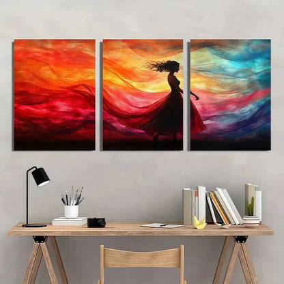 3pcs Abstract Female Silhouette Vibrant Red Dress Metal Print Ready to Hang Art