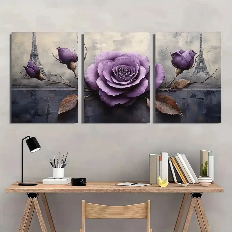 3pcs Eiffel Tower & Wine Roses Purple Roses Metal Print Ready to Hang Art