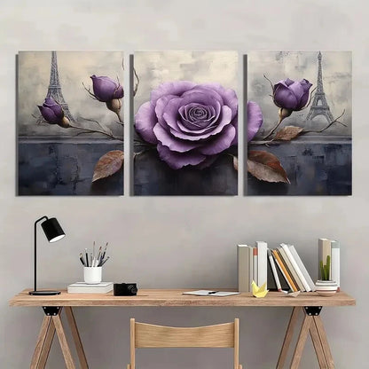 3pcs Eiffel Tower & Wine Roses Purple Roses Metal Print Ready to Hang Art