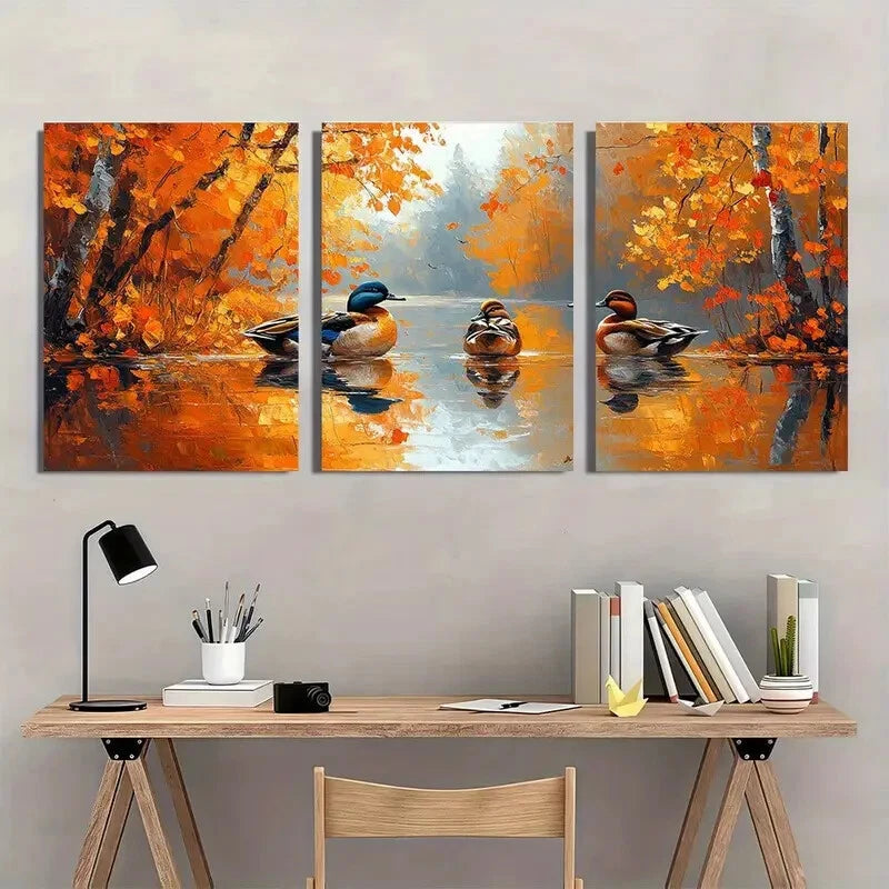 3pcs Ducks Autumn Vibrant Orange & Brown Forest Metal Print Ready to Hang Art