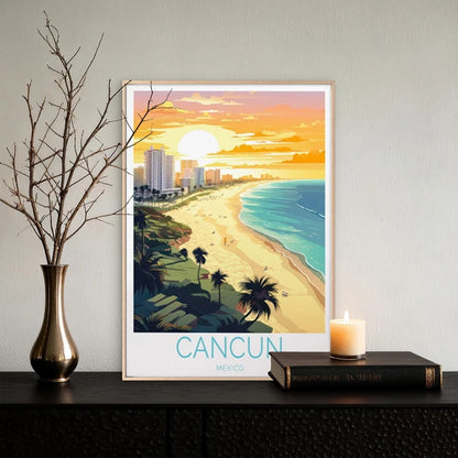 Cancun Mexico Beach, Plam Trees & Sunset Travel Poster Print Wall Art
