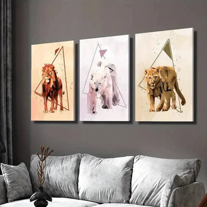 3pcs Abstract Geometric Lion Bear Animal  Wall Art Set Canvas Unframed - High Quality Print 100% Australian Made Wall Canvas