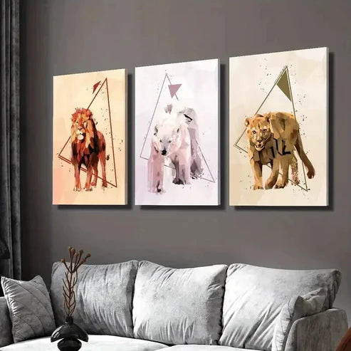 3pcs Abstract Geometric Lion Bear Animal  Wall Art Set Canvas Unframed - High Quality Print 100% Australian Made Wall Canvas