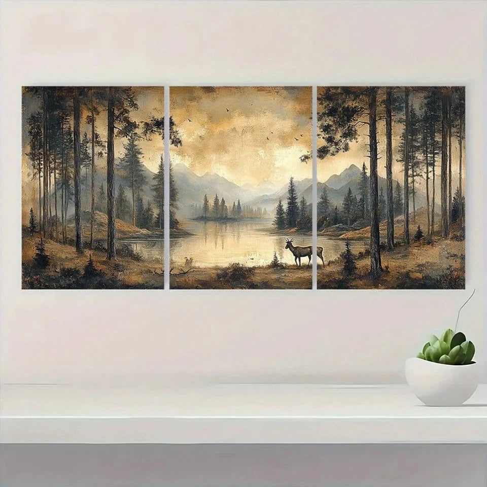 3pcs Neutral Brown Forest Scene with Serene Wall Art Set Canvas Framed 60x90cm - High Quality Print 100% Australian Made Wall Canvas Ready to Hang