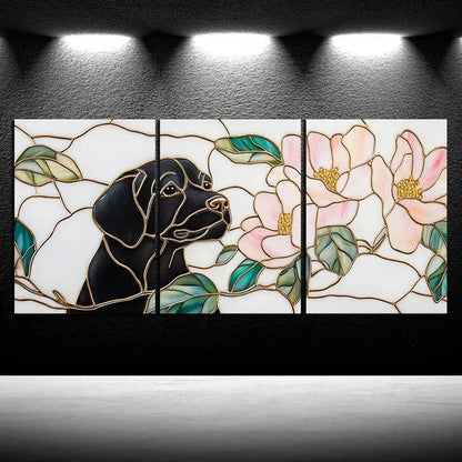 3pcs Dogs in Pink Flowers And Green Leaves Metal Print Ready to Hang Art