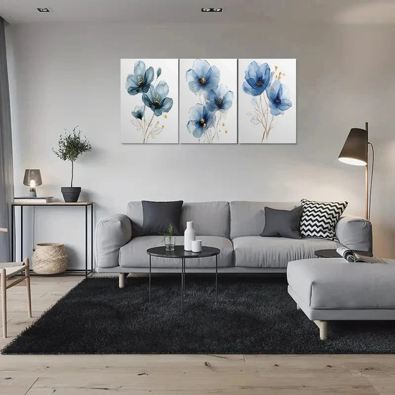 3pcs Modern Abstract Blue Floral Paintings Metal Print Ready to Hang Art