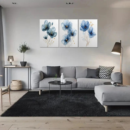 3pcs Modern Abstract Blue Floral Paintings Metal Print Ready to Hang Art