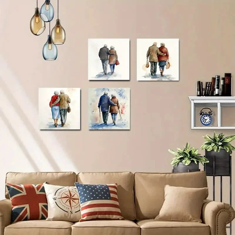 4pcs Elderly Couple Walking Hand In Hand Theme Wall Art Canvas Framed