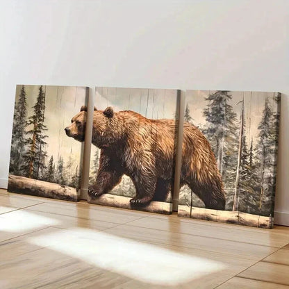 3pcs Forest Bear Landscape Wildlife Artwork Wall Art Set Canvas Framed 40x60cm - High Quality Print 100% Australian Made Wall Canvas Ready to Hang