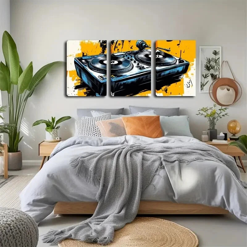 3pcs Vibrant Blue & Yellow Music-Themed Perfect Wall Art Set Canvas Framed 40x60cm - High Quality Print 100% Australian Made Wall Canvas Ready to Hang