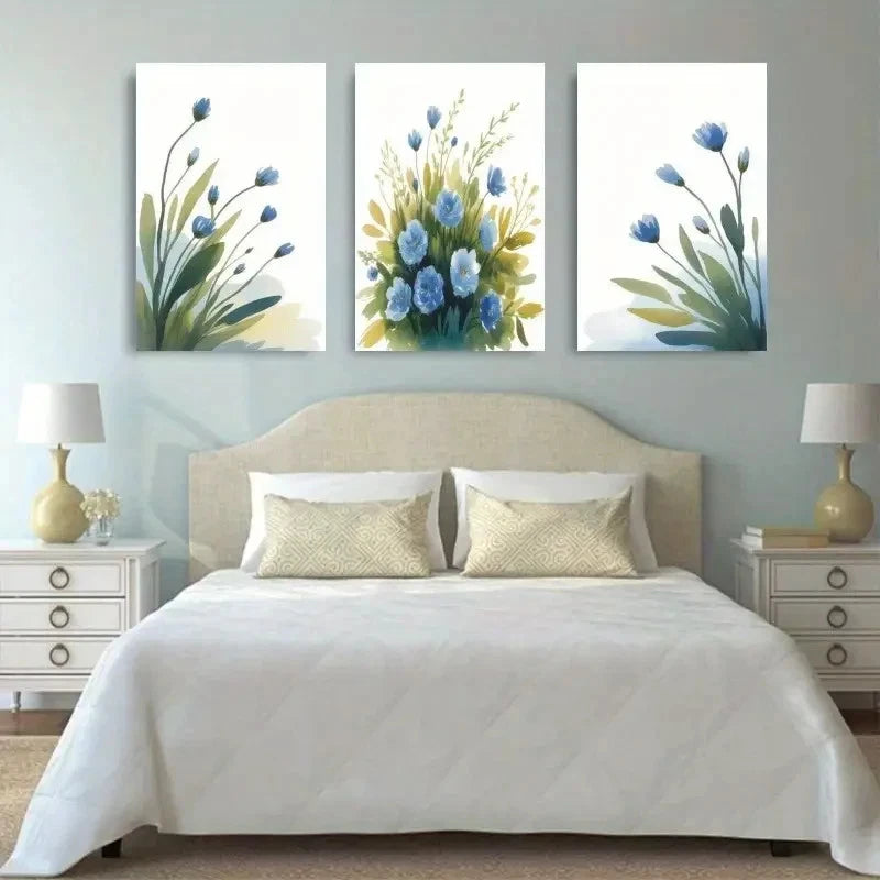 3pcs Blue Flowers & Green Leaves Golden Accents Metal Print Ready to Hang Art