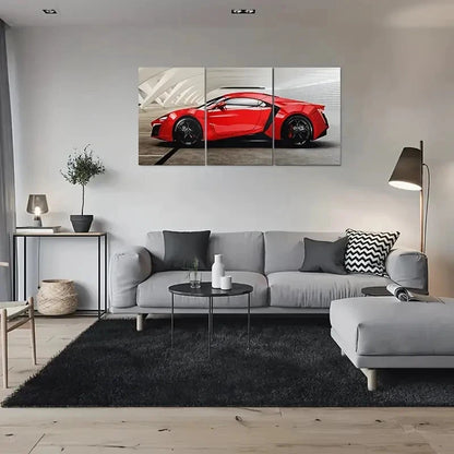 3pcs Modern Red Sports Car Black Rims Metal Print Ready to Hang Art