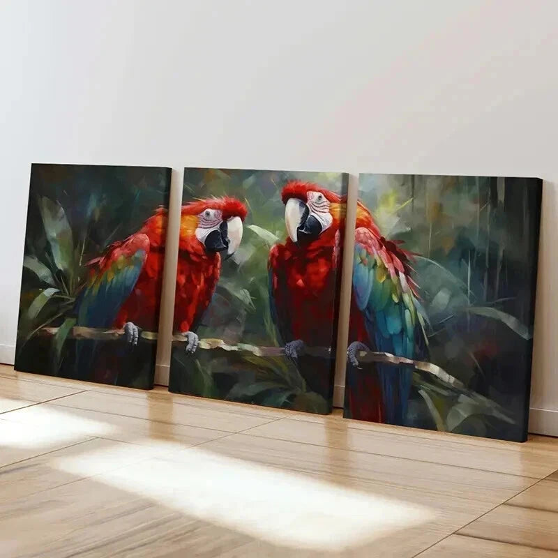 3pcs Red Macaw Birds In The Rainforest Wall Art Set Canvas Framed 40x60cm - High Quality Print 100% Australian Made Wall Canvas Ready to Hang