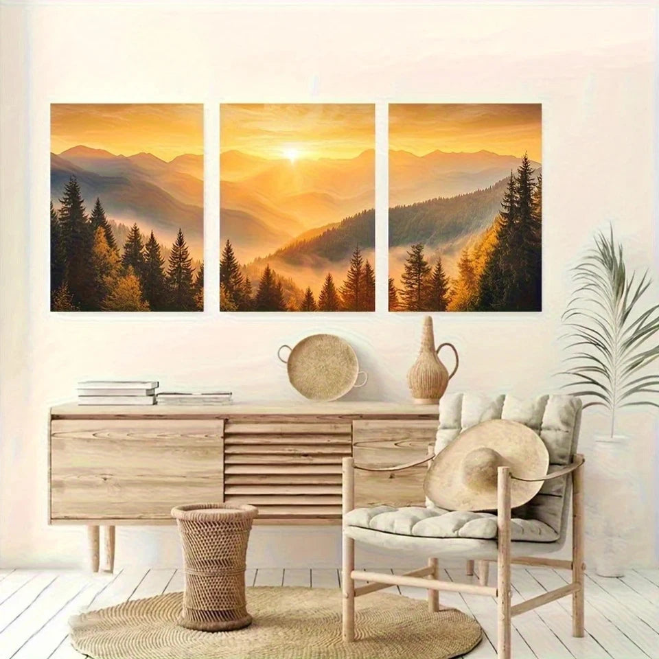 3pcs Golden Sunrise Misty Mountains Panoramic Metal Print Ready to Hang Art