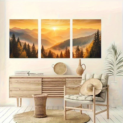 3pcs Golden Sunrise Misty Mountains Panoramic Metal Print Ready to Hang Art