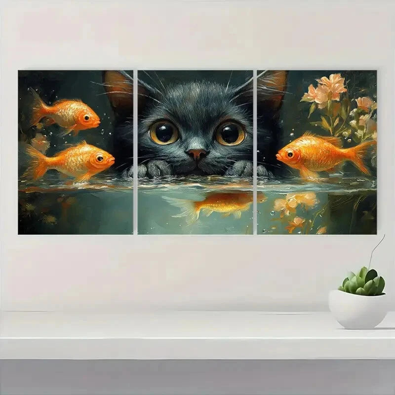 3pcs Black Cat with Golden Fish Underwater Metal Print Ready to Hang Art