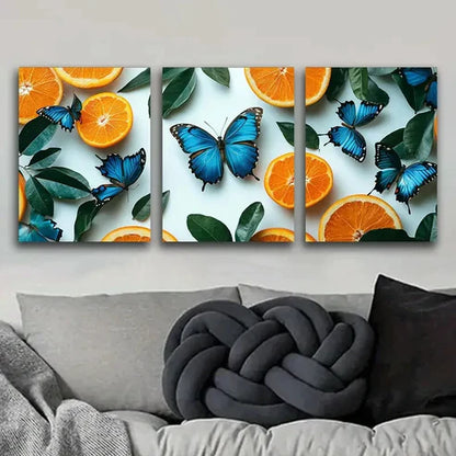 3pcs Blue Butterflies & Orange Tree Perfect Wall Wall Art Set Canvas Unframed - High Quality Print 100% Australian Made Wall Canvas