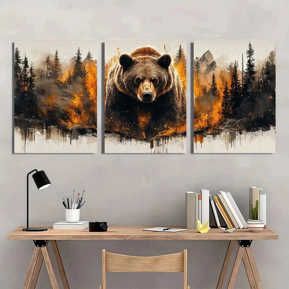 3pcs Abstract Brown Bear Modern Nature Metal Print Ready to Hang Art