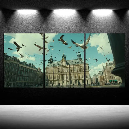 3pcs Birds Pigeons on Building Square Metal Print Ready to Hang Art