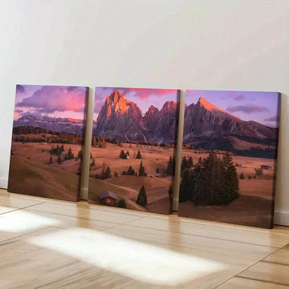 3pcs Mountain & Purple Sky Natural Landscape Wall Art Set Canvas Framed 40x60cm - High Quality Print 100% Australian Made Wall Canvas Ready to Hang
