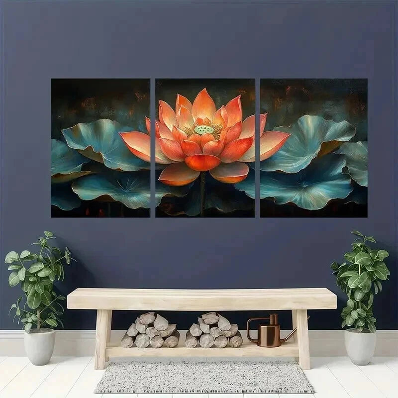 3pcs Pink Lotus Flower with Leaves Design Wall Art Set Canvas Framed 40x60cm - High Quality Print 100% Australian Made Wall Canvas Ready to Hang