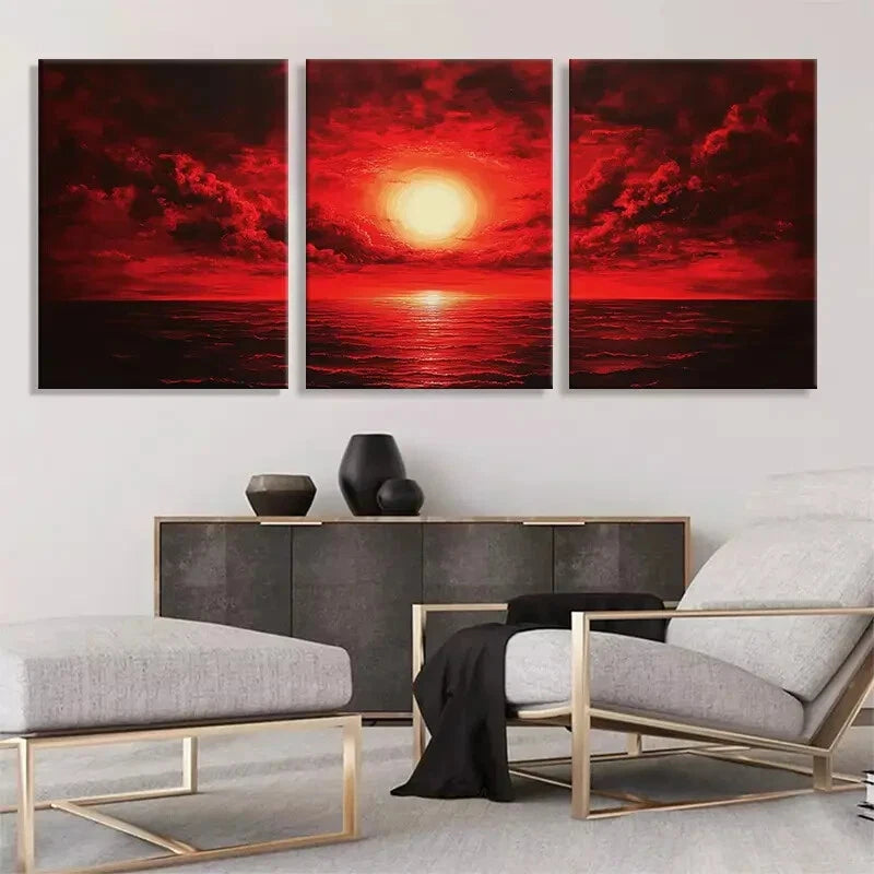 3pcs Red Sunset Ocean Sky and Sea Perfect Wall Art Set Canvas Framed 40x60cm - High Quality Print 100% Australian Made Wall Canvas Ready to Hang