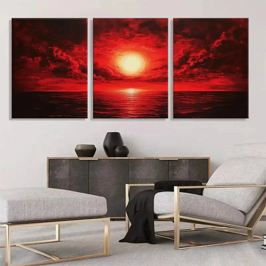 3pcs Red Sunset Ocean Sky and Sea Perfect Wall Art Set Canvas Framed 40x60cm - High Quality Print 100% Australian Made Wall Canvas Ready to Hang