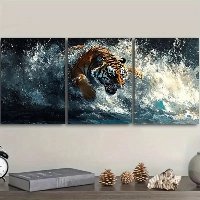 3pcs Tiger in Water Realistic Water Effects A Wall Art Set Canvas Framed 60x90cm - High Quality Print 100% Australian Made Wall Canvas Ready to Hang
