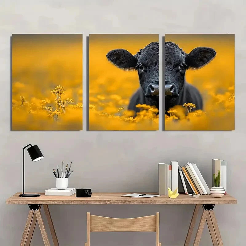 3pcs Black Cow Vibrant Yellow Field Metal Print Ready to Hang Art