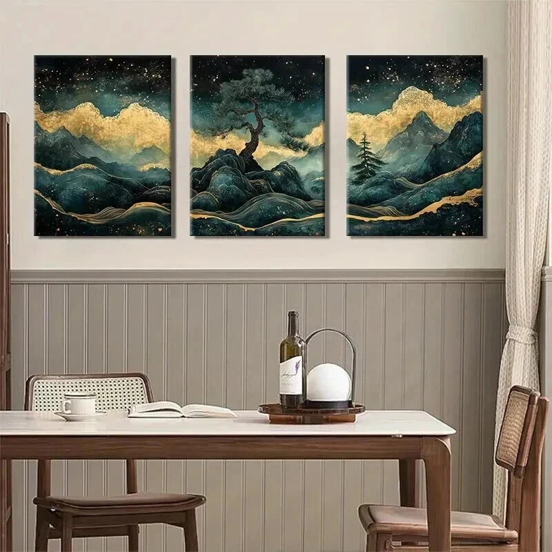 3pcs Golden Mountain Tree Night Sky Perfect Wall Art Set Canvas Framed 40x60cm - High Quality Print 100% Australian Made Wall Canvas Ready to Hang