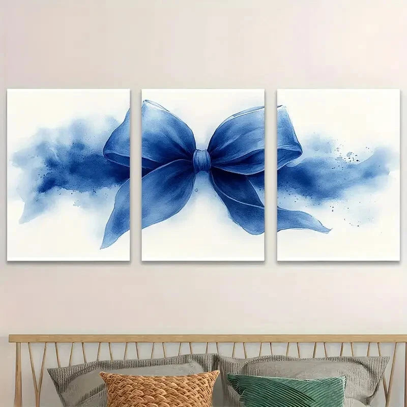 3pcs Elegant Blue Bow Watercolor Metal Print Ready to Hang Art