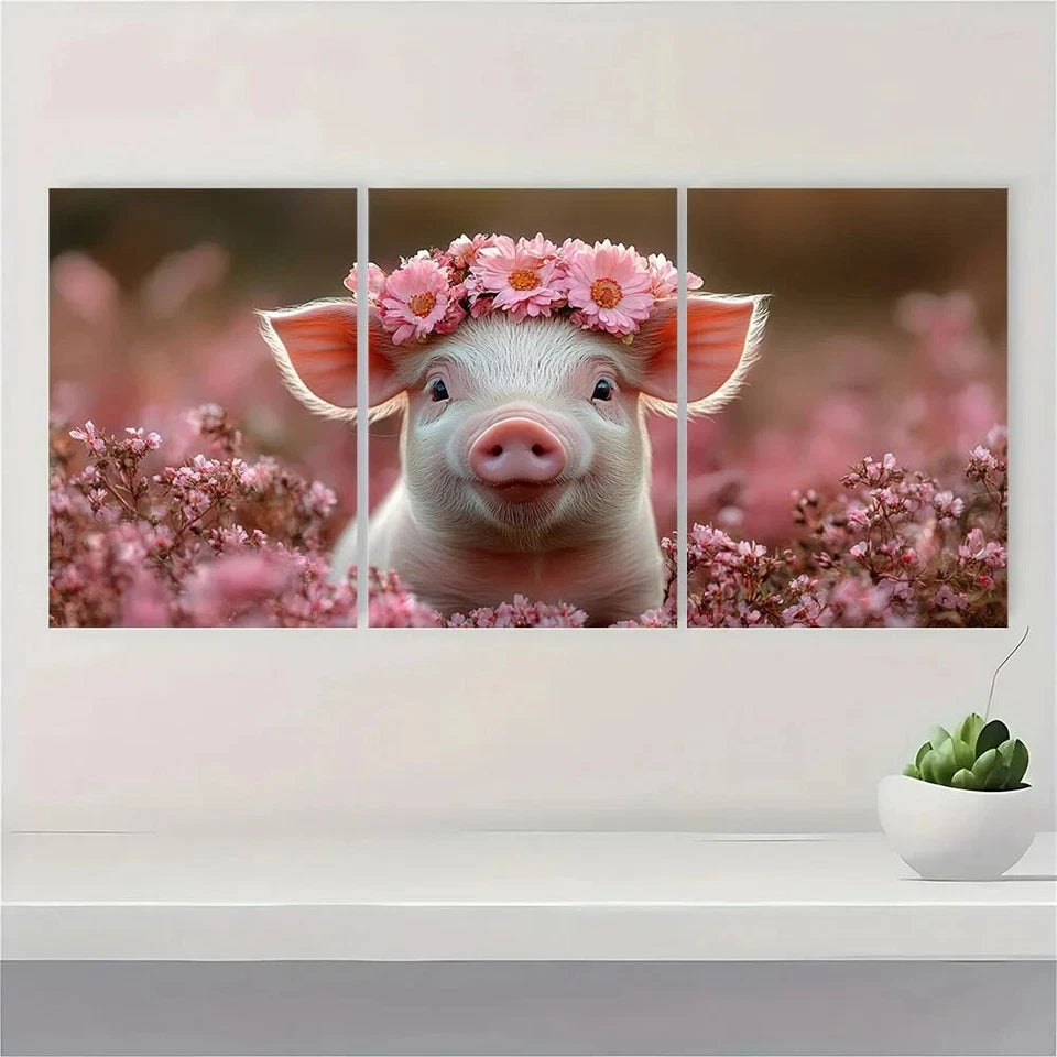 3pcs Happy Animals Pig with Flower Crown Metal Print Ready to Hang Art